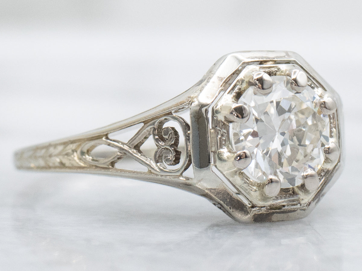 1920s European/Transitional Cut Diamond Filigree Engagement Ring