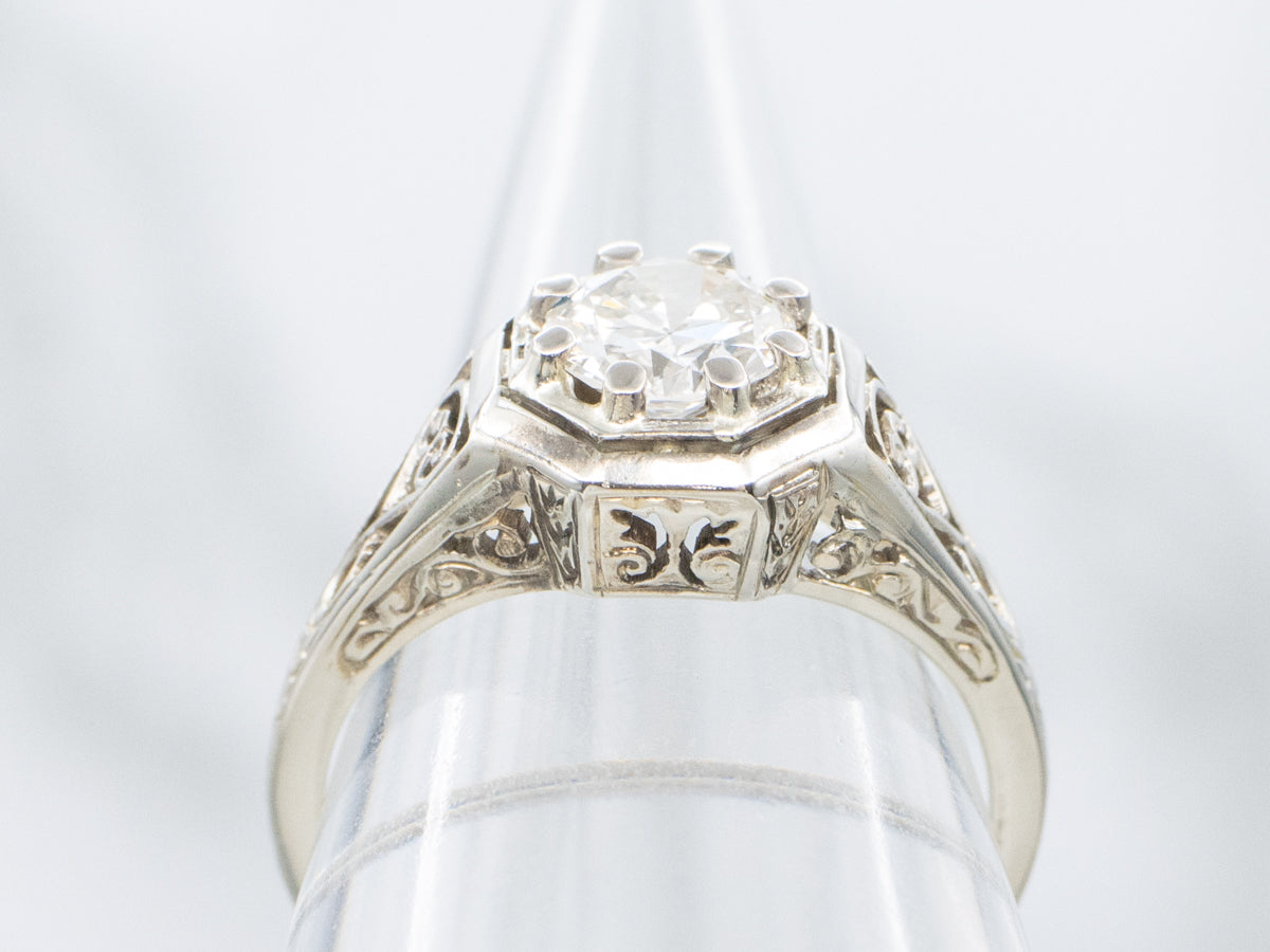 1920s European/Transitional Cut Diamond Filigree Engagement Ring