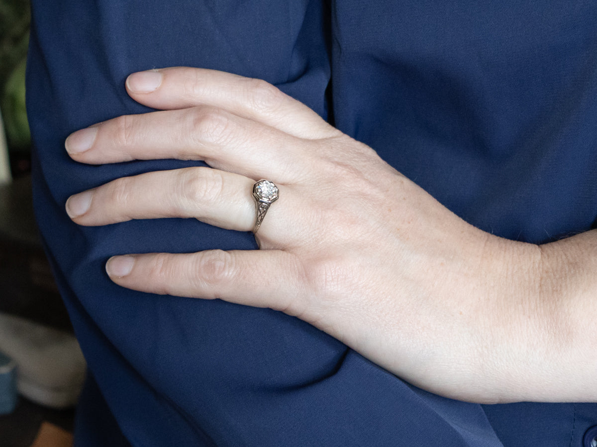 1920s European/Transitional Cut Diamond Filigree Engagement Ring