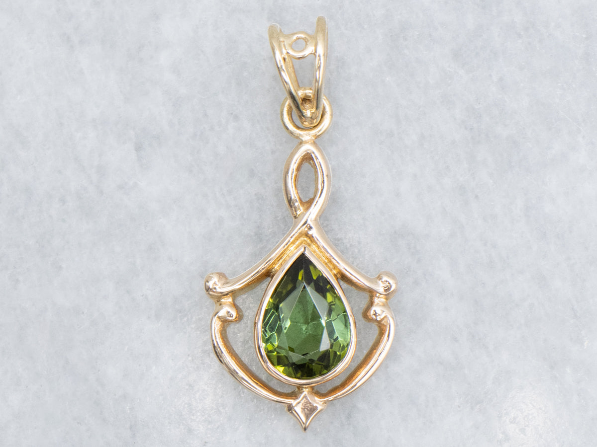 Teardrop Green Tourmaline Gold Lavalier Pendant