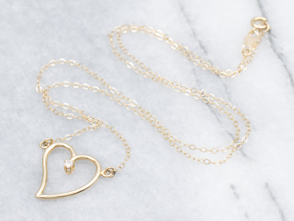 Modernist Gold and Diamond Heart Pendant Necklace
