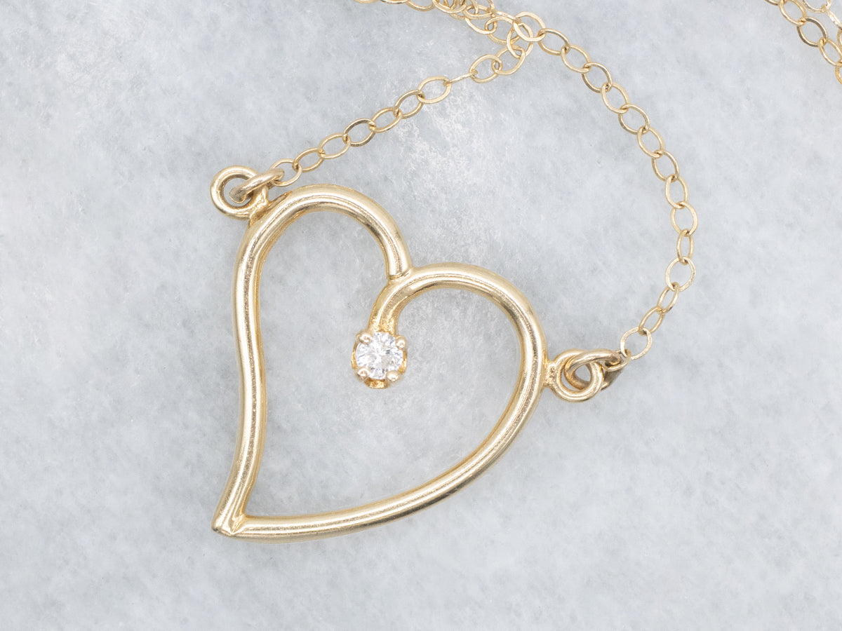 Modernist Gold and Diamond Heart Pendant Necklace