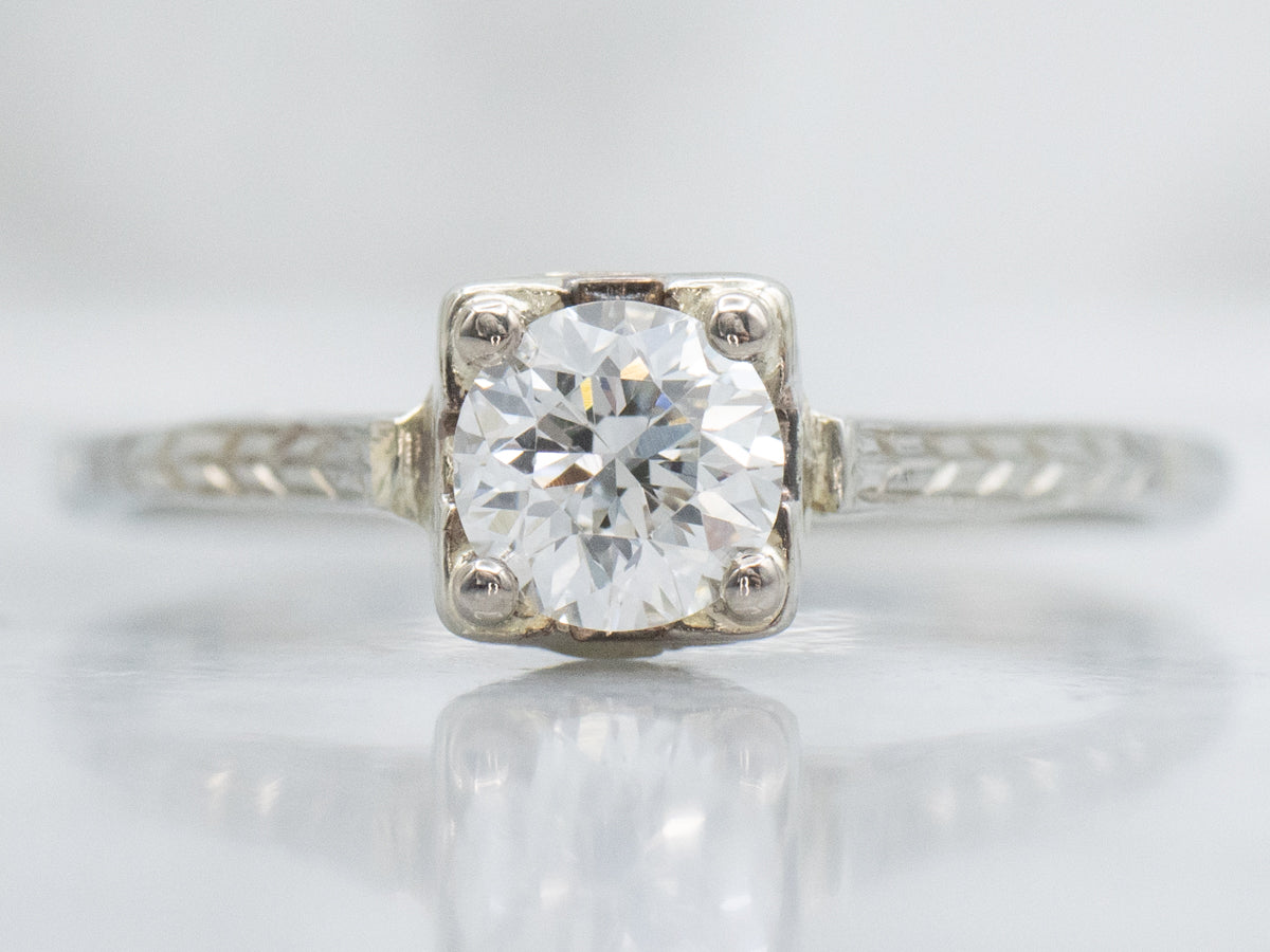 Antique Diamond Solitaire Engraved Gold Engagement Ring