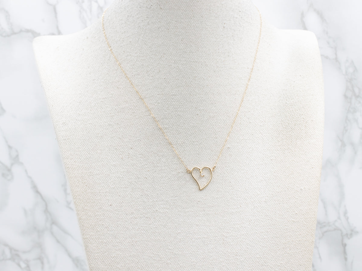 Modernist Gold and Diamond Heart Pendant Necklace