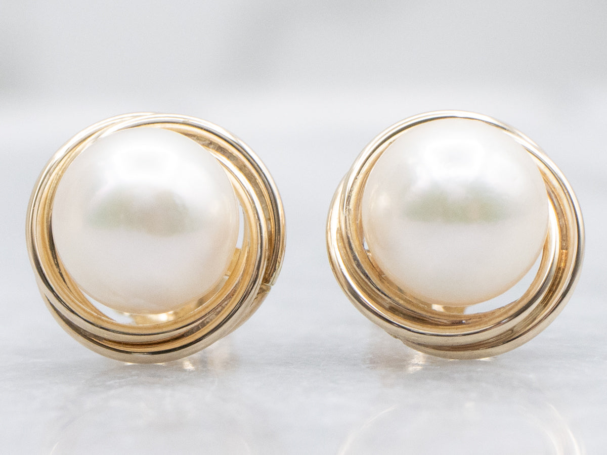 Twisting Gold Saltwater Pearl Stud Earrings