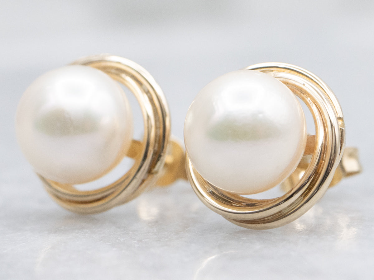 Twisting Gold Saltwater Pearl Stud Earrings