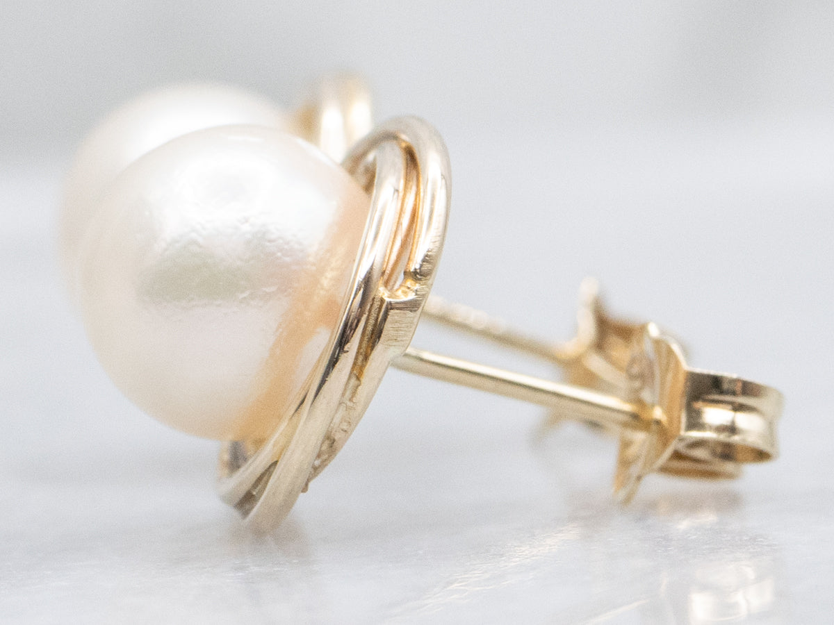 Twisting Gold Saltwater Pearl Stud Earrings
