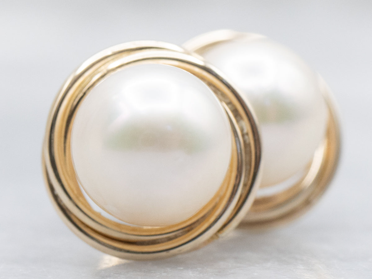 Twisting Gold Saltwater Pearl Stud Earrings