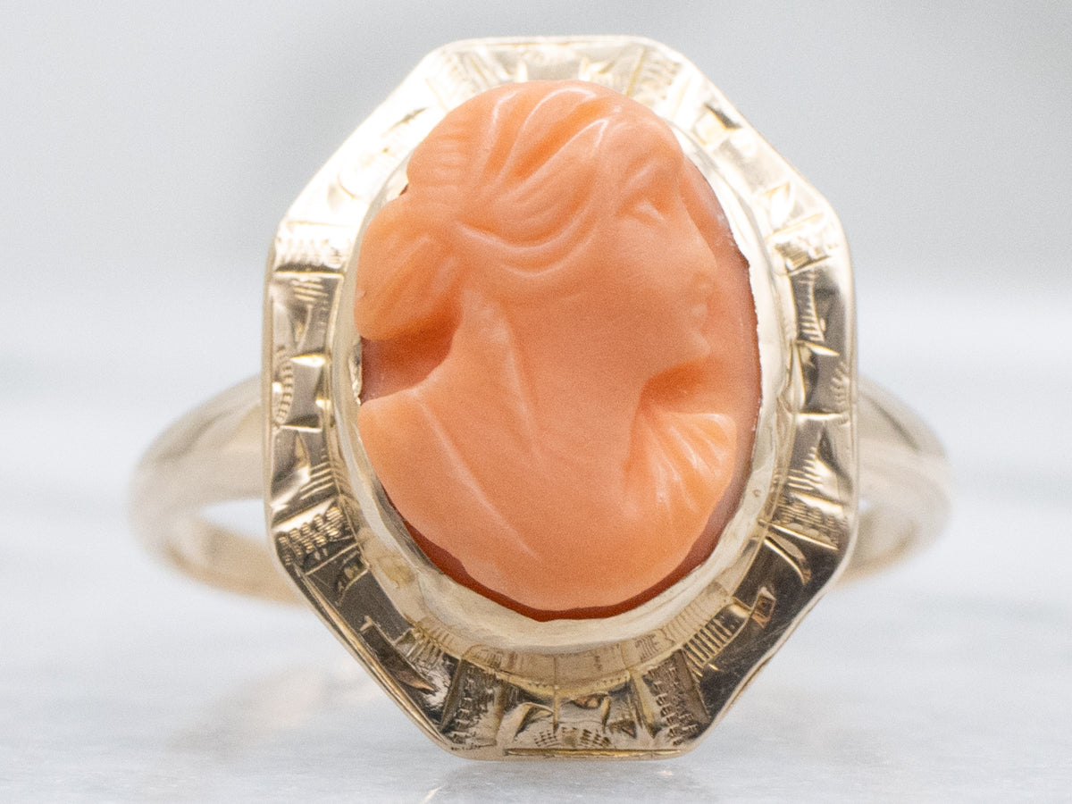 Coral Cameo Vintage Engraved Gold Ring