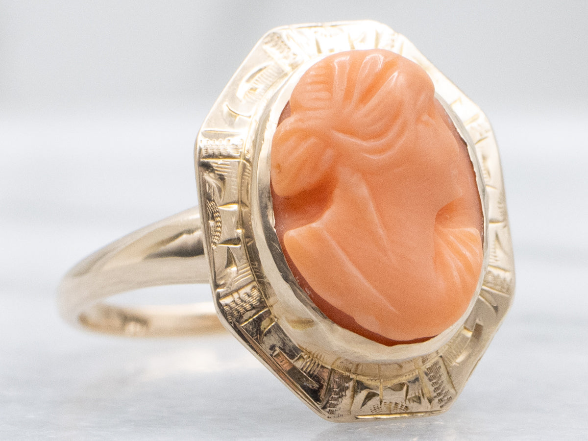 Coral Cameo Vintage Engraved Gold Ring