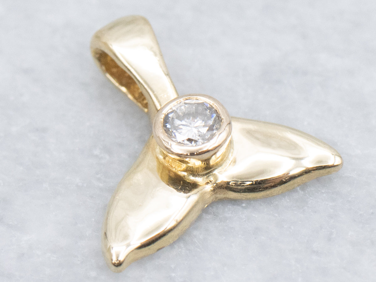 Polished Gold Whale's Tail Pendant with Diamond