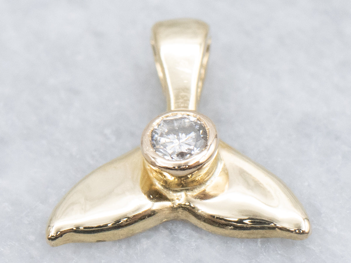 Polished Gold Whale's Tail Pendant with Diamond