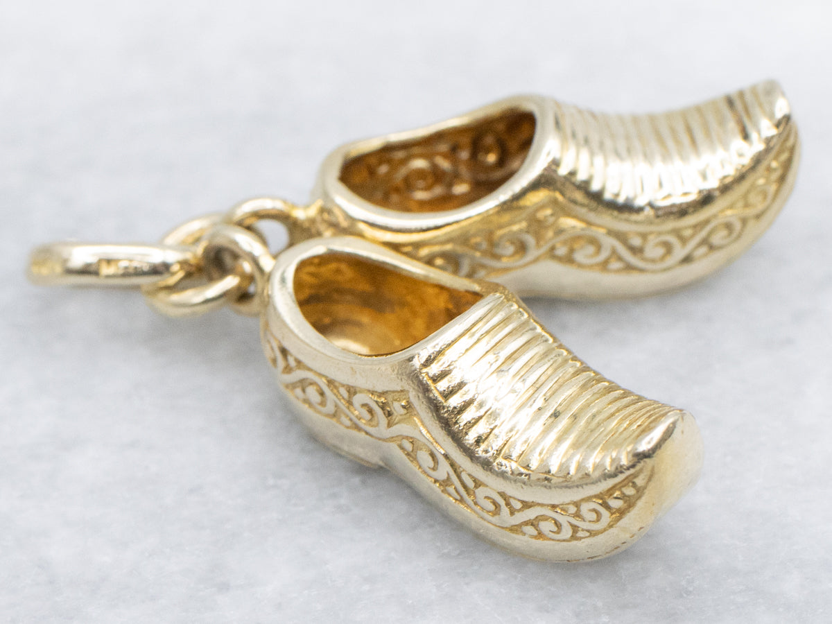 Vintage Engraved Gold Clog Shoes Charm Pendant