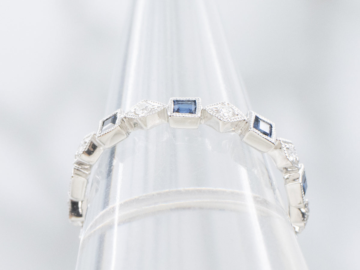 Square-Cut Sapphire and Diamond White Gold Eternity Band
