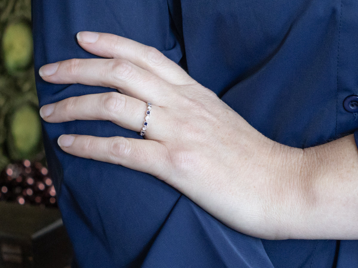 Square-Cut Sapphire and Diamond White Gold Eternity Band