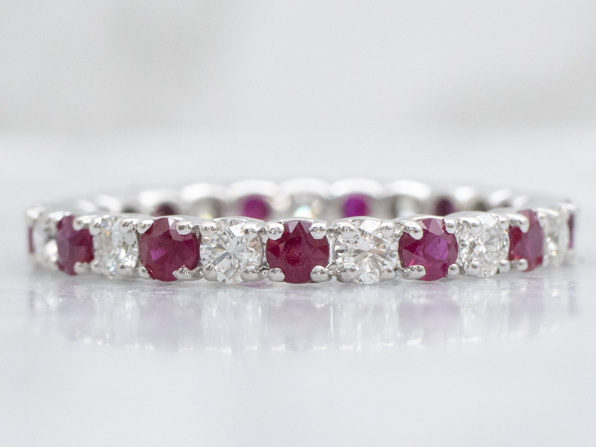 Round Cut Diamond and Ruby Alternating White Gold Eternity Band
