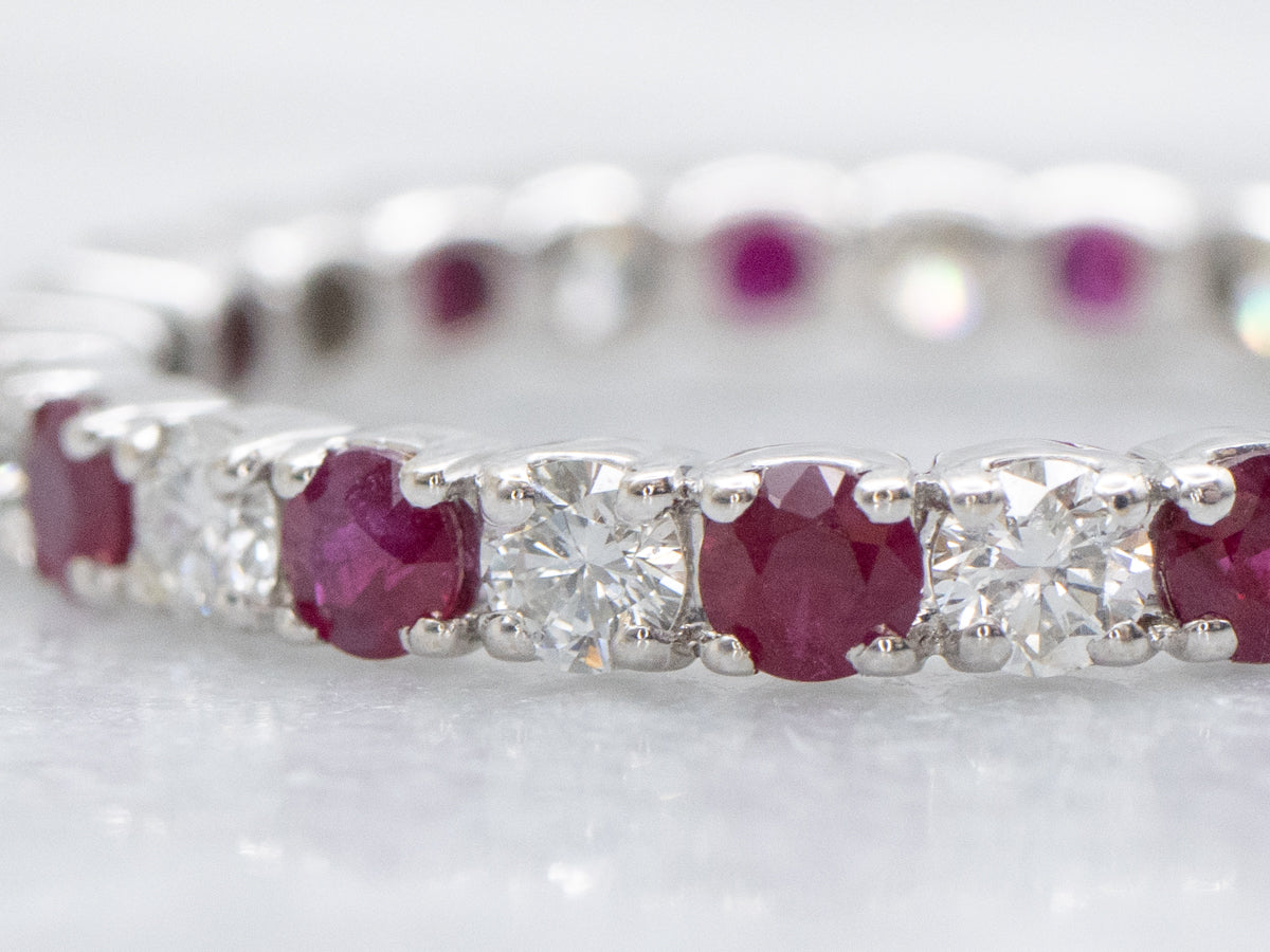 Round Cut Diamond and Ruby Alternating White Gold Eternity Band