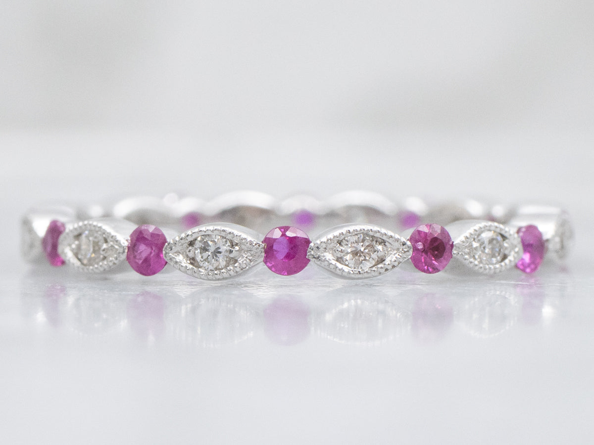 Diamond and Ruby Scalloped Gold Eternity Band