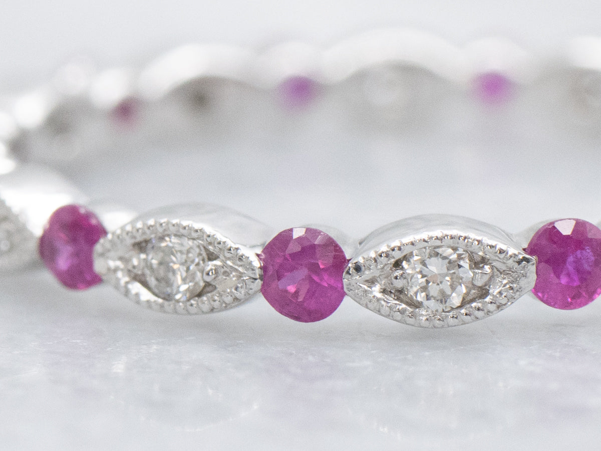 Diamond and Ruby Scalloped Gold Eternity Band