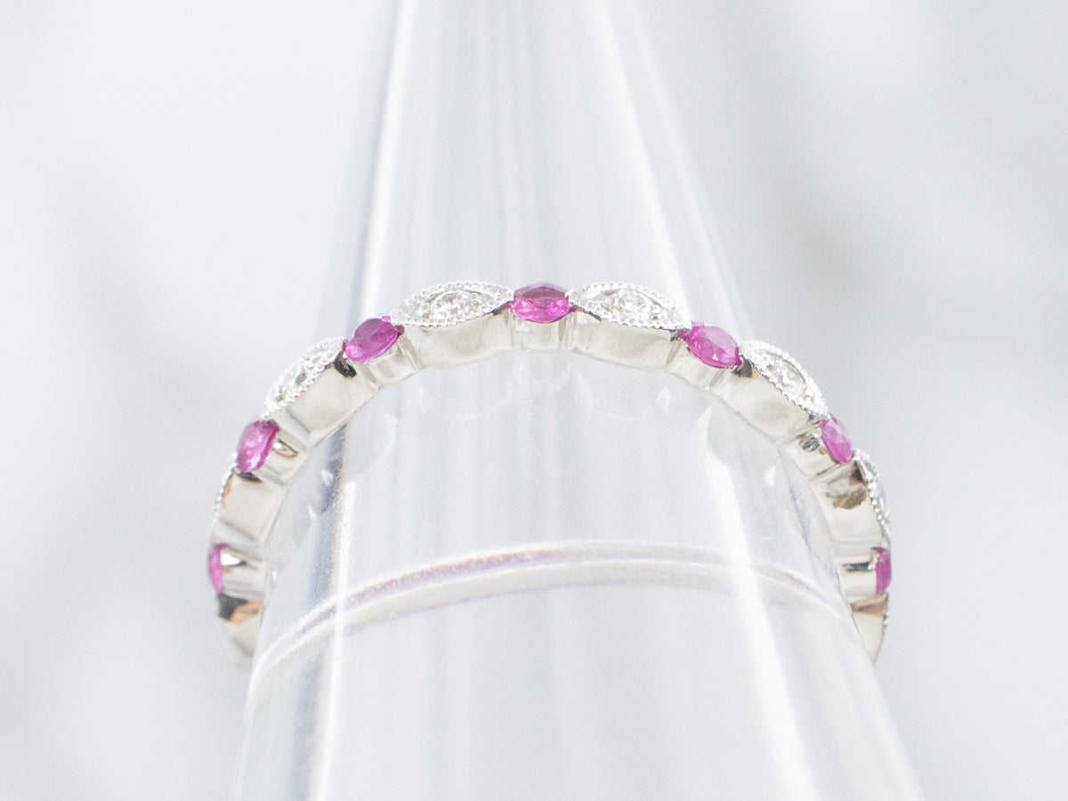 Diamond and Ruby Scalloped Gold Eternity Band
