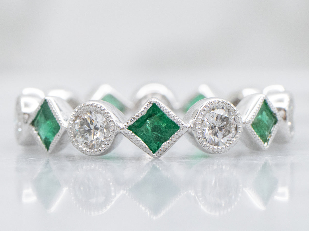 Square-Cut Emerald and Diamond Alternating Gold Eternity Band