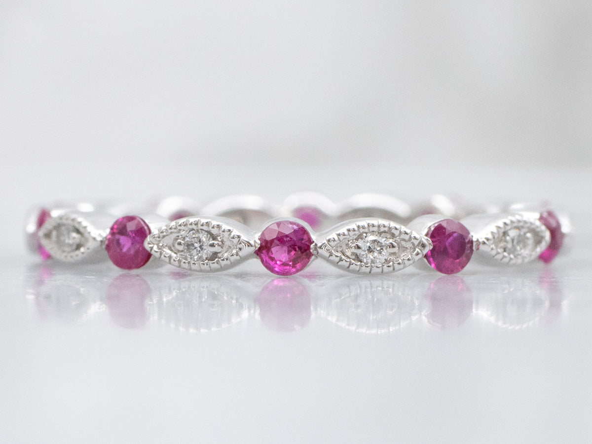 Brilliant Diamond and Ruby Scalloped Gold Eternity Band