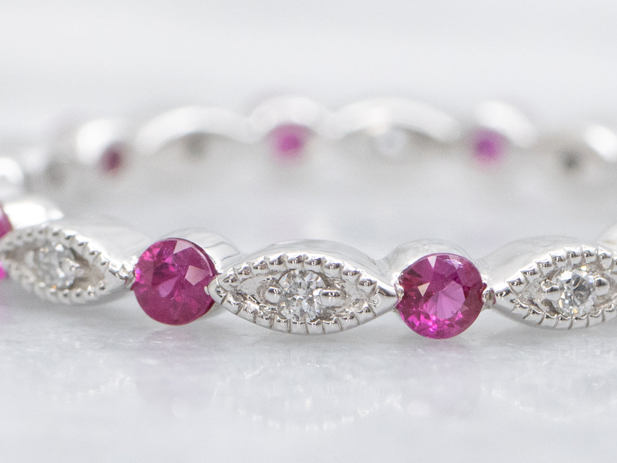 Brilliant Diamond and Ruby Scalloped Gold Eternity Band