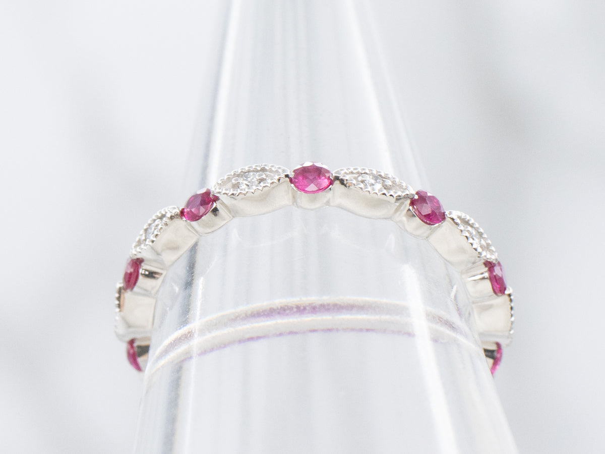 Brilliant Diamond and Ruby Scalloped Gold Eternity Band