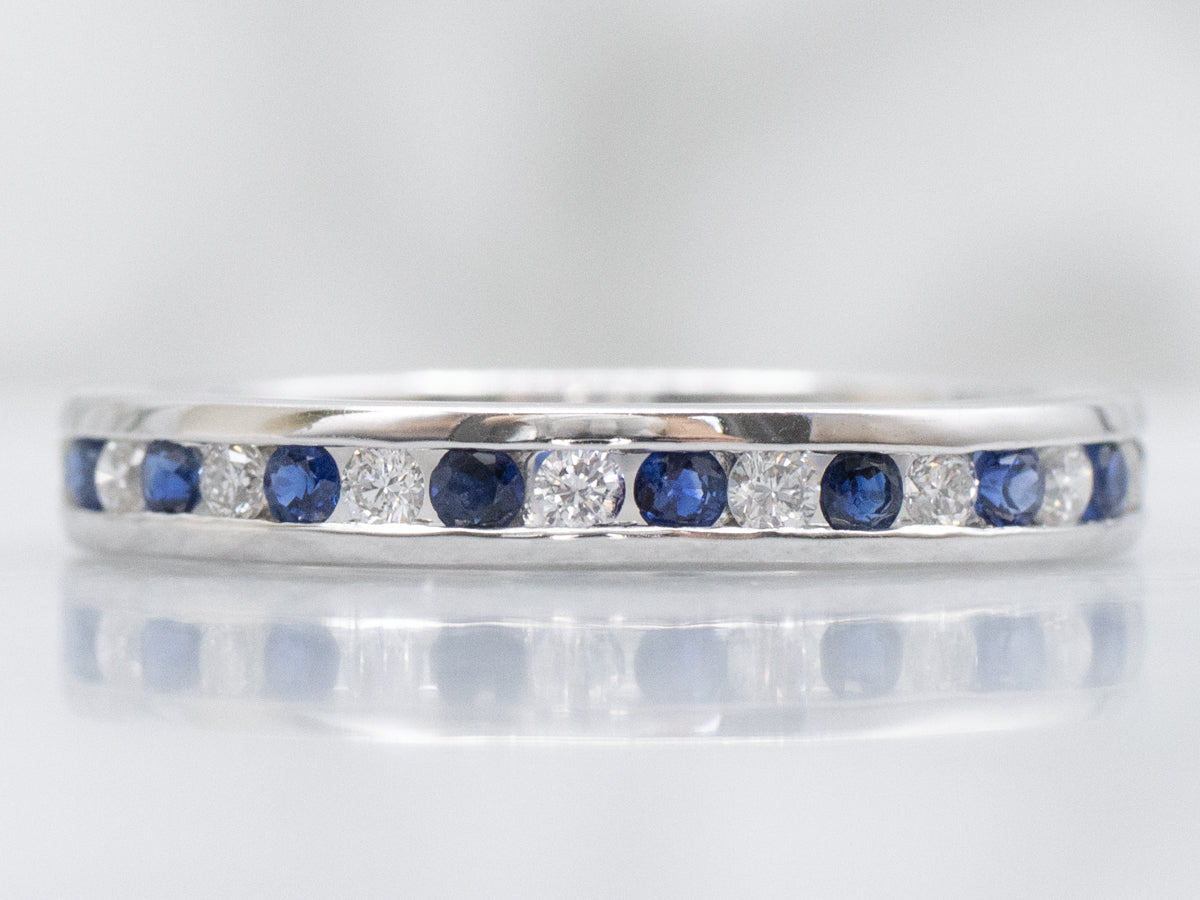 Channel-Set Diamond and Sapphire White Gold Eternity Band