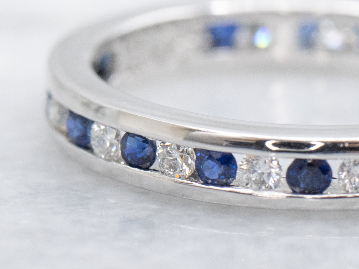 Channel-Set Diamond and Sapphire White Gold Eternity Band