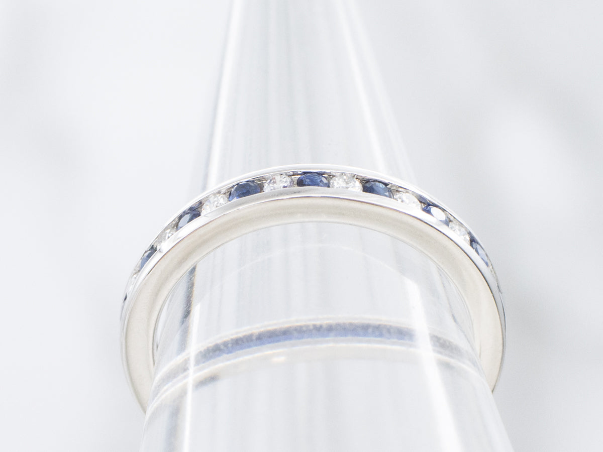 Channel-Set Diamond and Sapphire White Gold Eternity Band