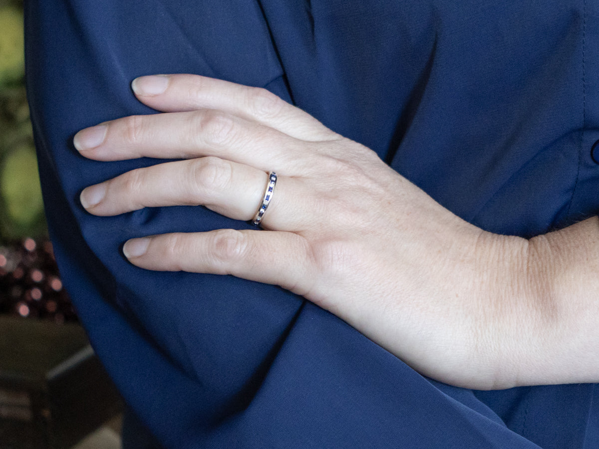 Channel-Set Diamond and Sapphire White Gold Eternity Band