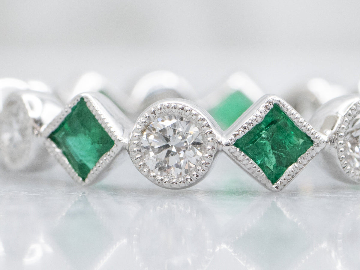 Square-Cut Emerald and Diamond Alternating Gold Eternity Band