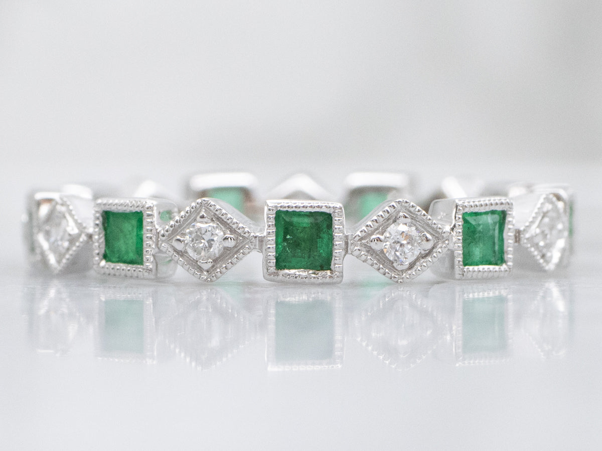 Modern Alternating Diamond and Emerald Gemstone Eternity Band