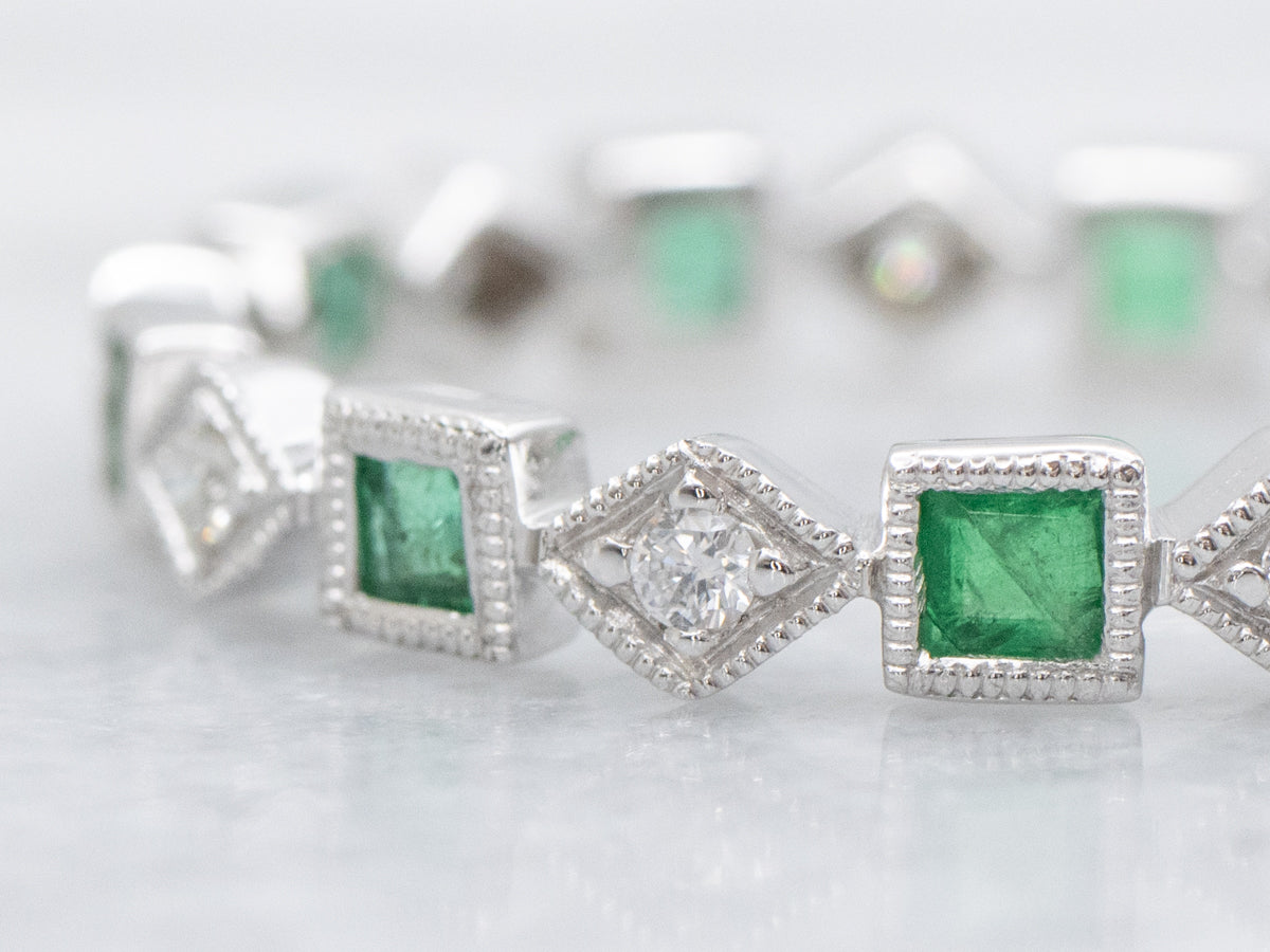 Modern Alternating Diamond and Emerald Gemstone Eternity Band