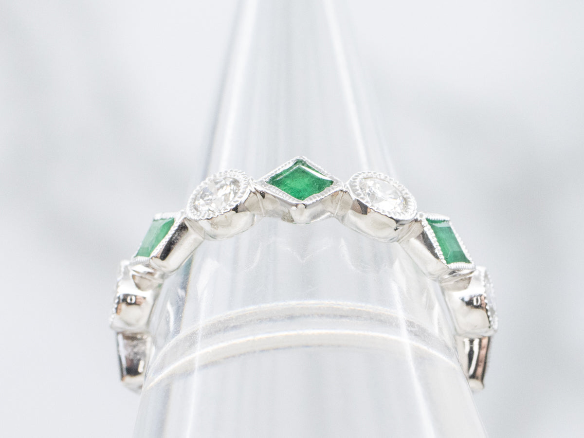 Square-Cut Emerald and Diamond Alternating Gold Eternity Band