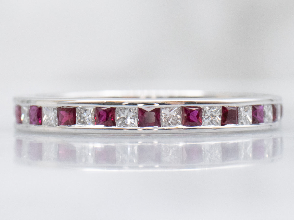 Square-Cut Diamond and Ruby White Gold Eternity Band