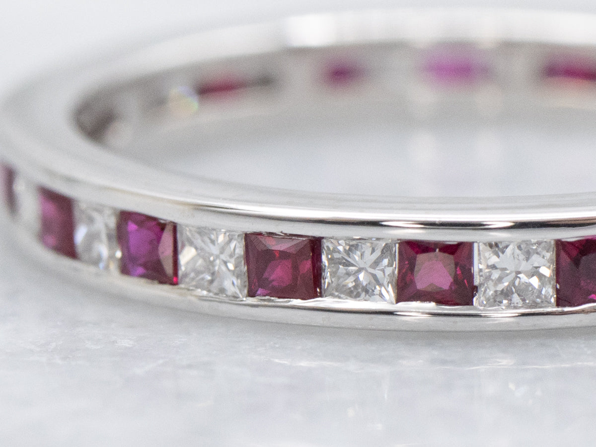 Square-Cut Diamond and Ruby White Gold Eternity Band