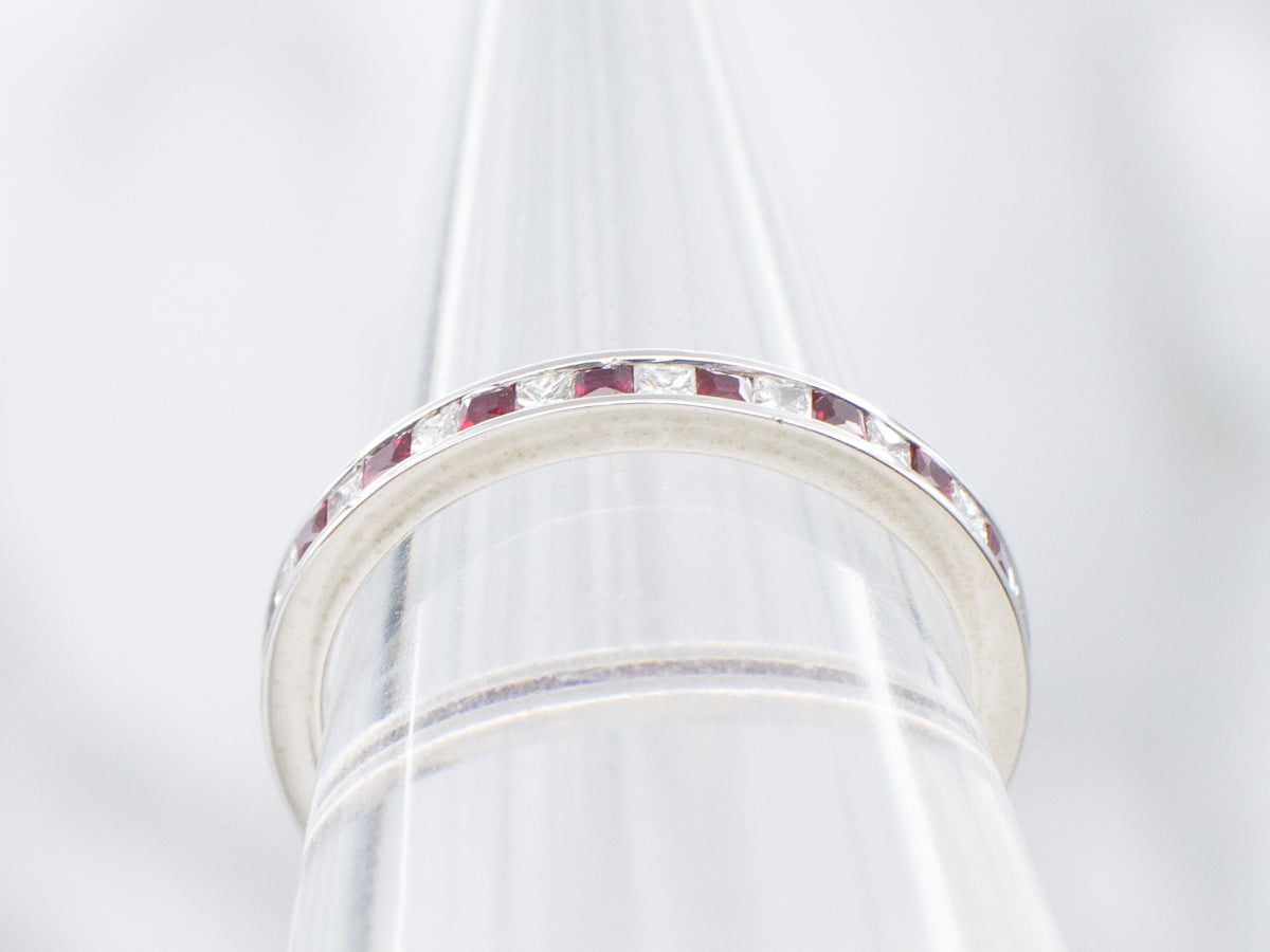 Square-Cut Diamond and Ruby White Gold Eternity Band