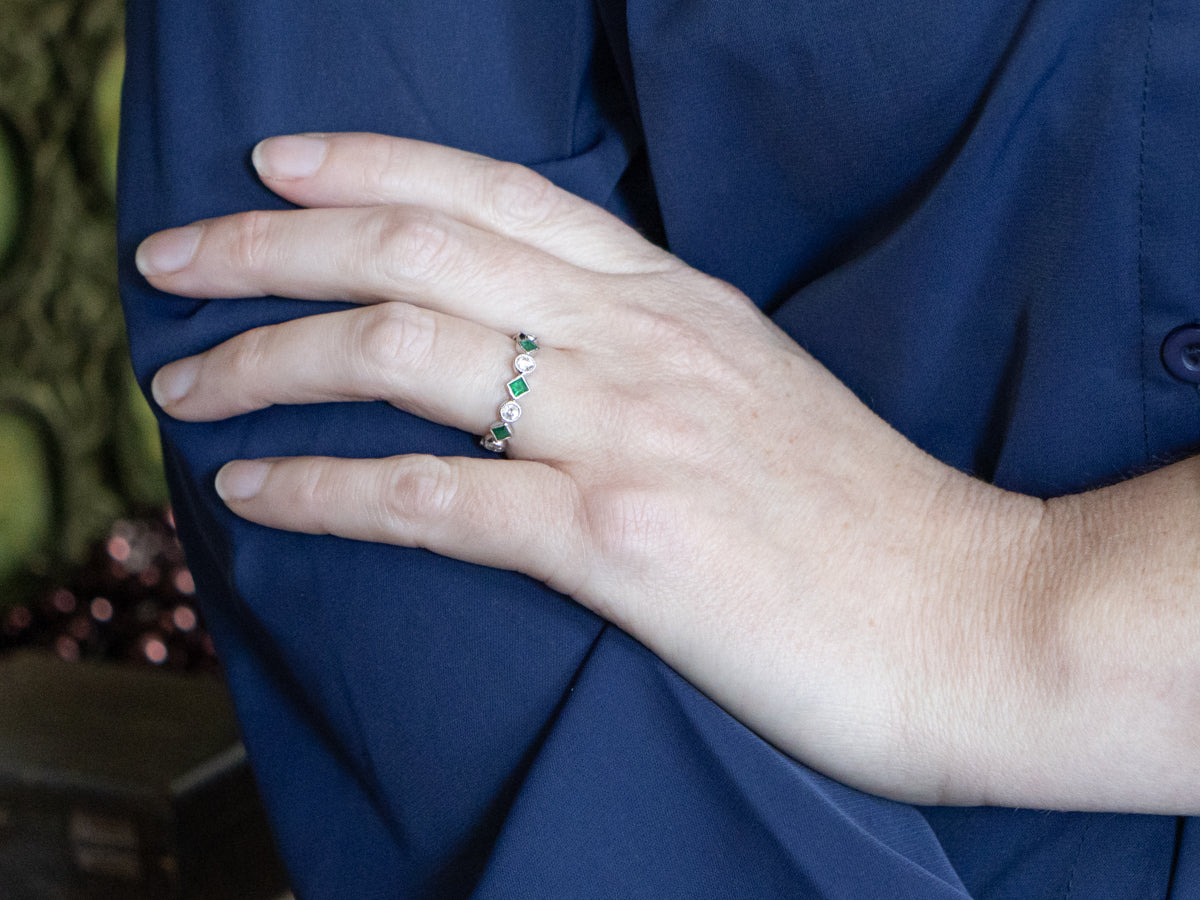 Square-Cut Emerald and Diamond Alternating Gold Eternity Band