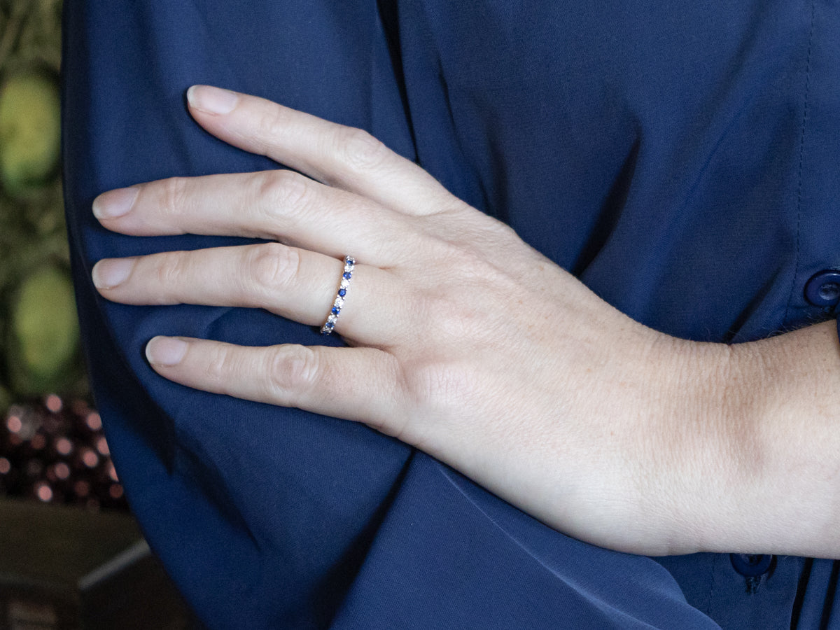 Modern Brilliant Diamond and Sapphire White Gold Eternity Band