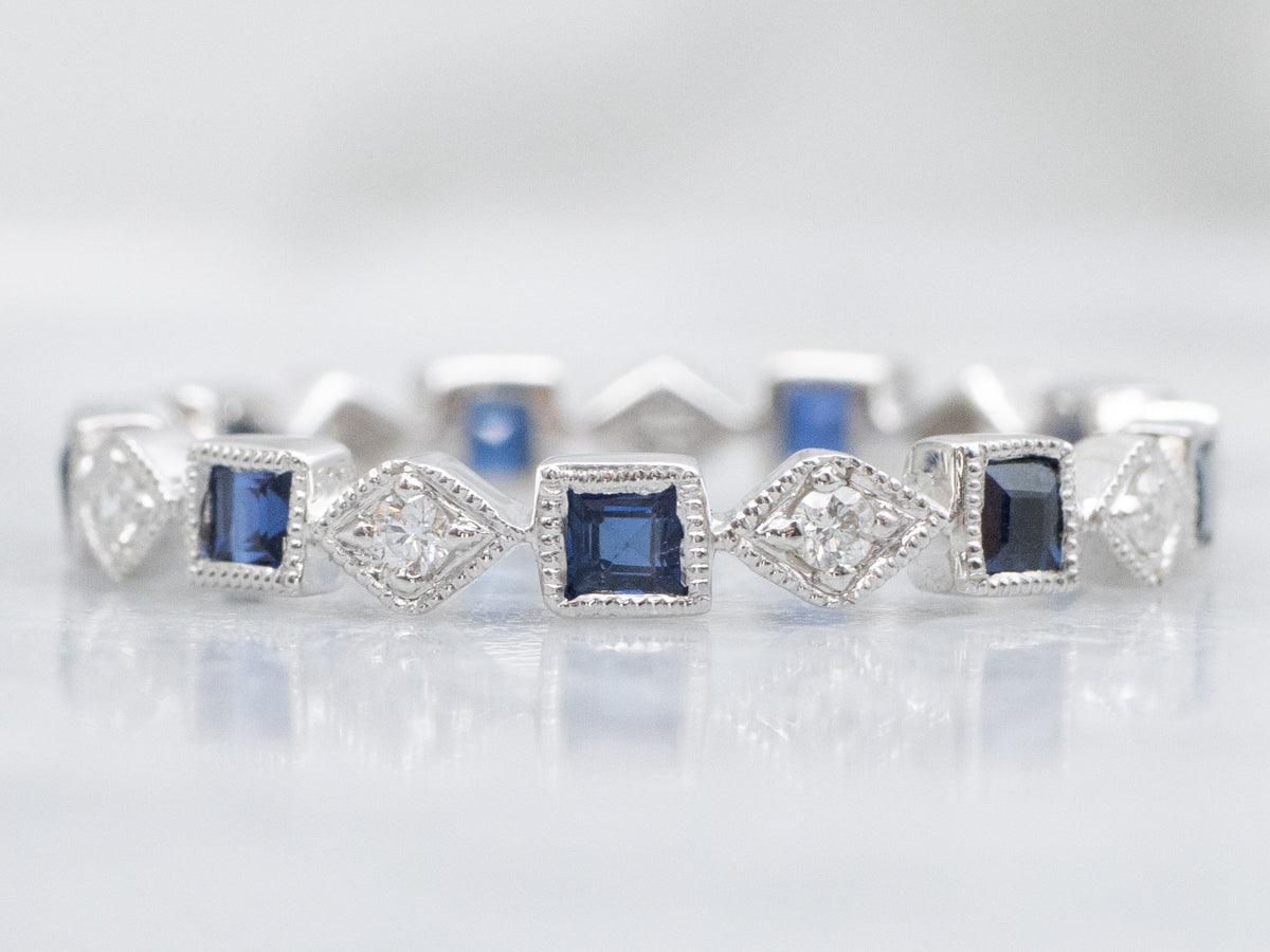 Square-Cut Sapphire and Diamond White Gold Eternity Band