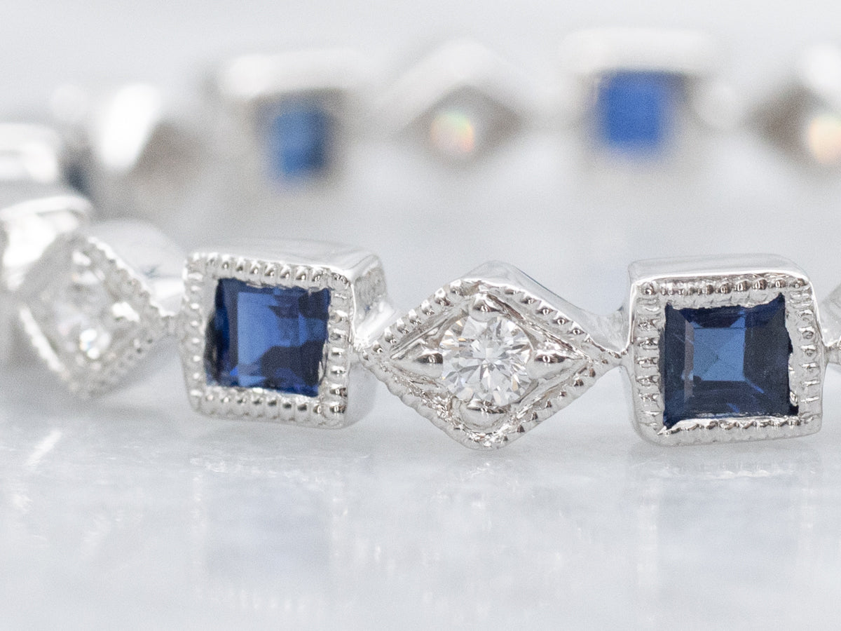 Square-Cut Sapphire and Diamond White Gold Eternity Band