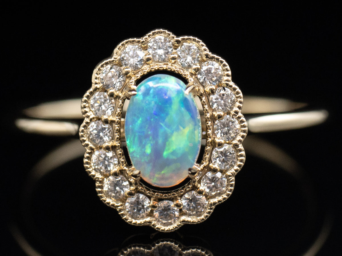 Australian Opal and Diamond Gold Scalloped-Halo Ring