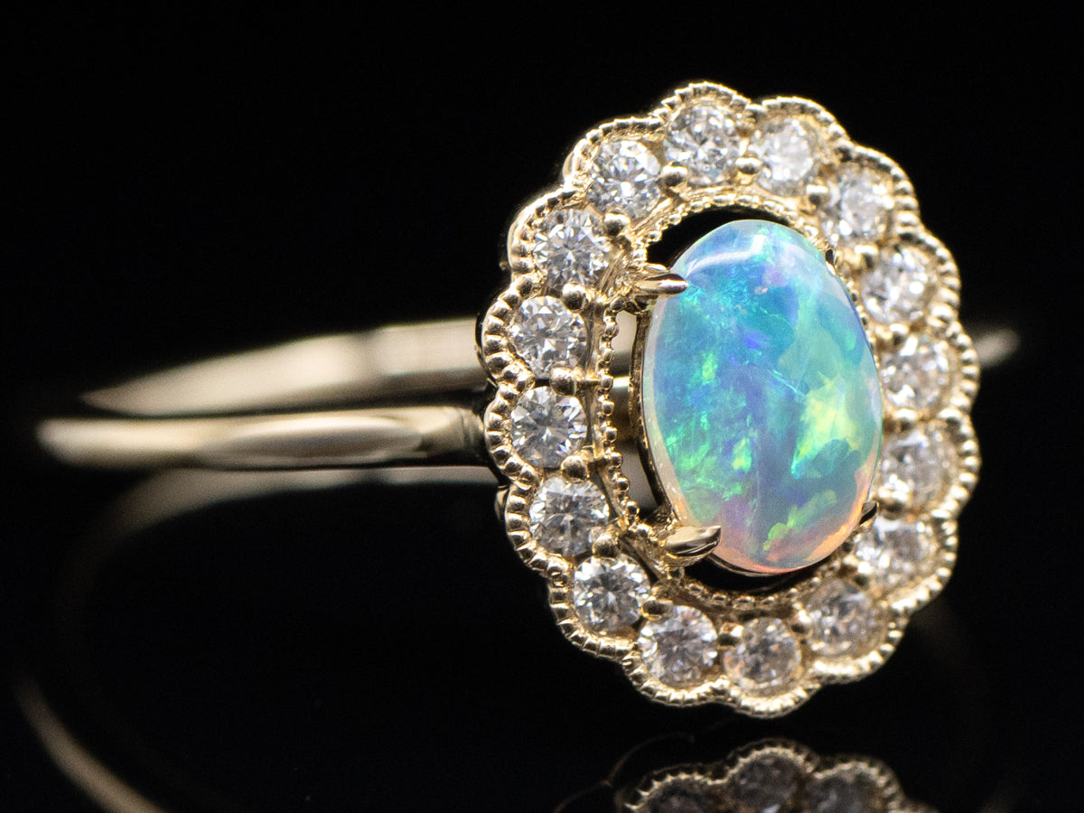 Australian Opal and Diamond Gold Scalloped-Halo Ring