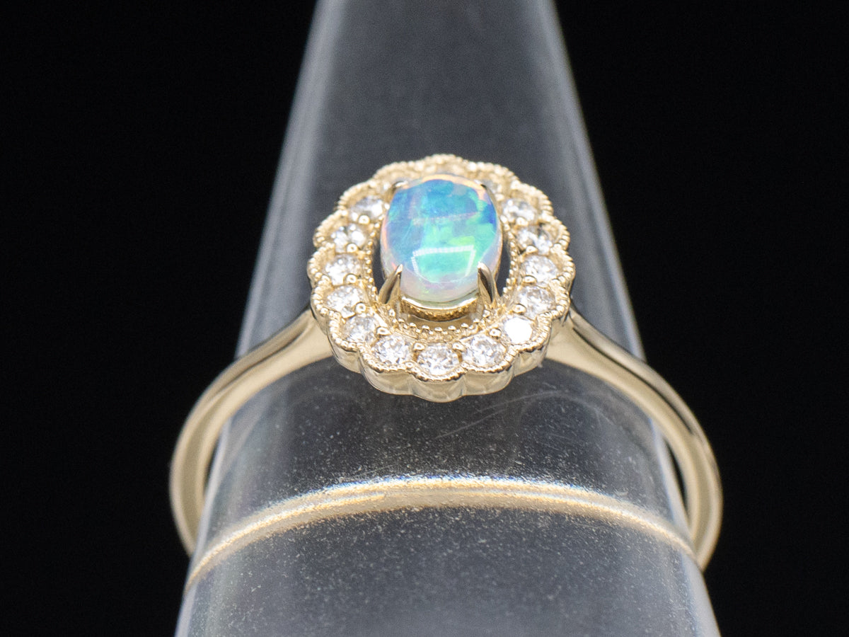 Australian Opal and Diamond Gold Scalloped-Halo Ring