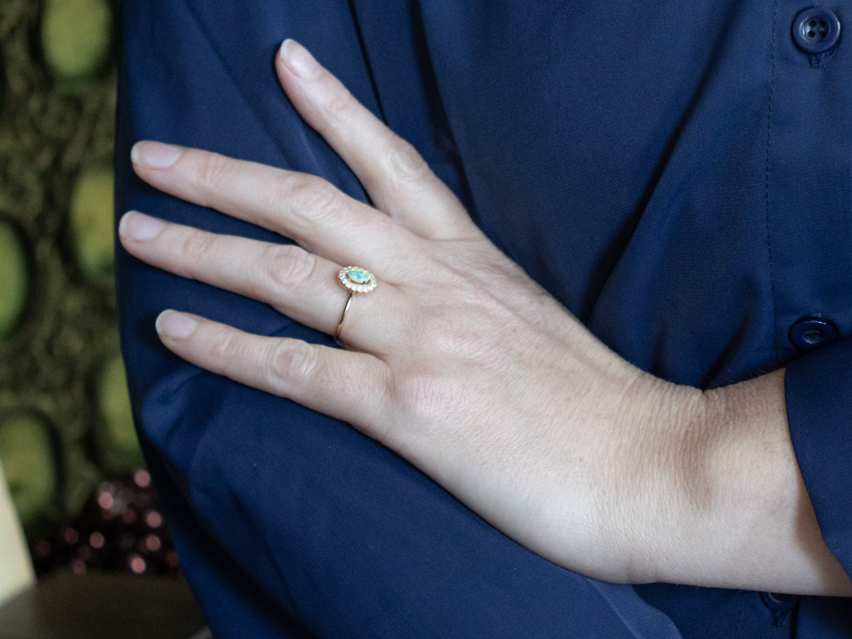 Australian Opal and Diamond Gold Scalloped-Halo Ring
