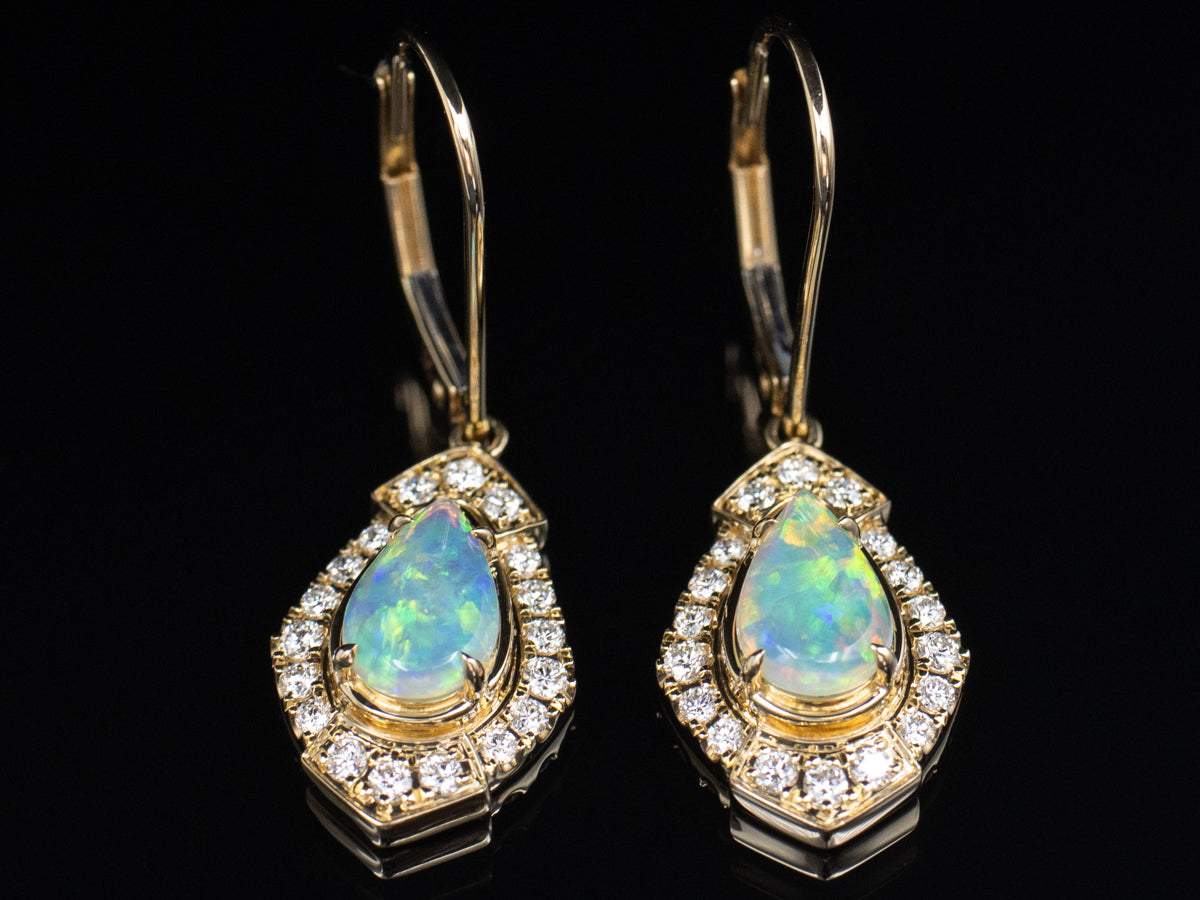Australian Opal and Diamond Halo Gold Drop Earrings