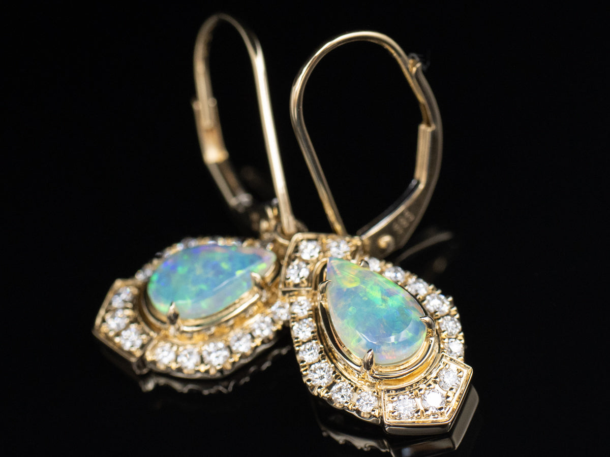 Australian Opal and Diamond Halo Gold Drop Earrings