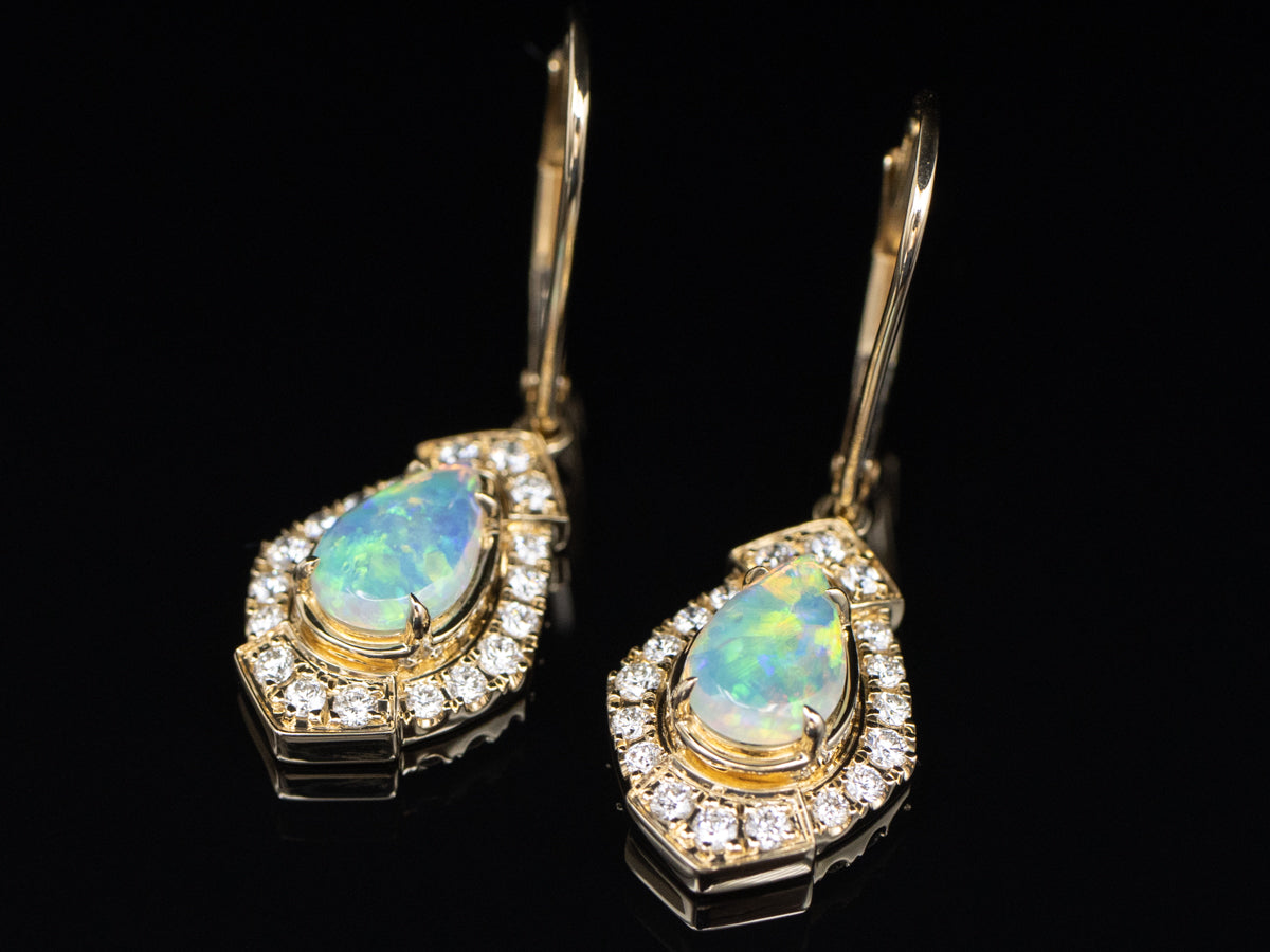 Australian Opal and Diamond Halo Gold Drop Earrings
